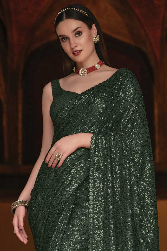 Party Wear Dark Green Color Georgette Fabric Dazzling Sequins Work Saree