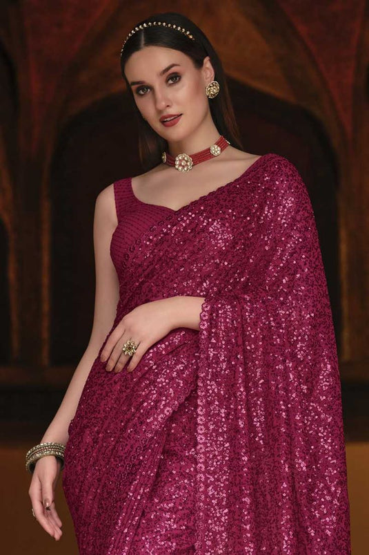 Burgundy Color Party Wear Georgette Fabric Flashing Sequins Work Saree