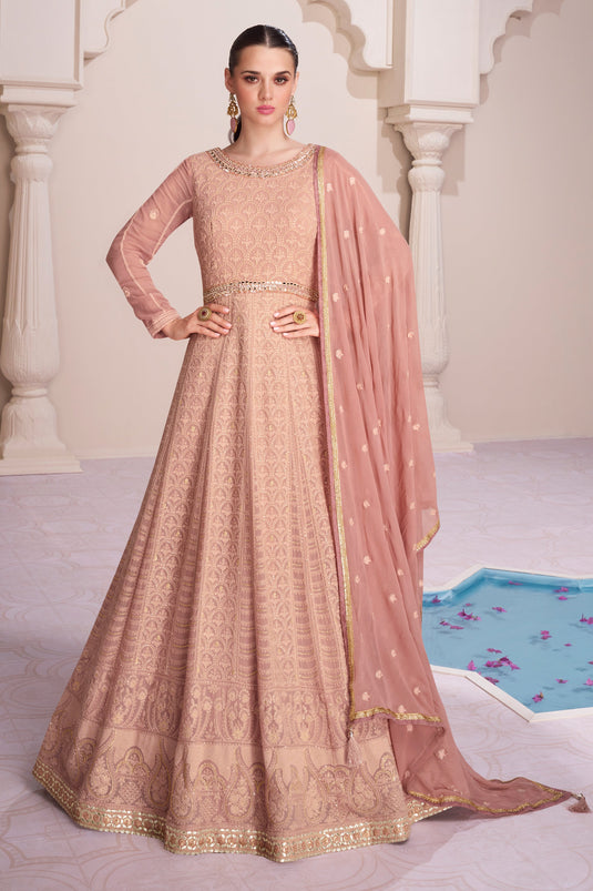 Peach Color Georgette Fabric Party Wear Divine Embroidered Work Readymade Anarkali Style Long Gown With Dupatta