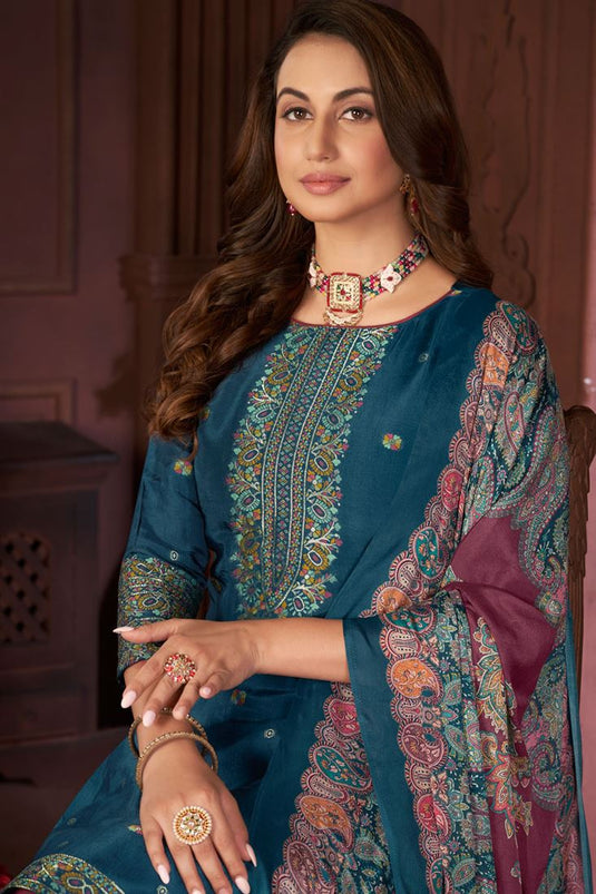 Radiant Blue Color Jacquard Fabric Festive Salwar Suit