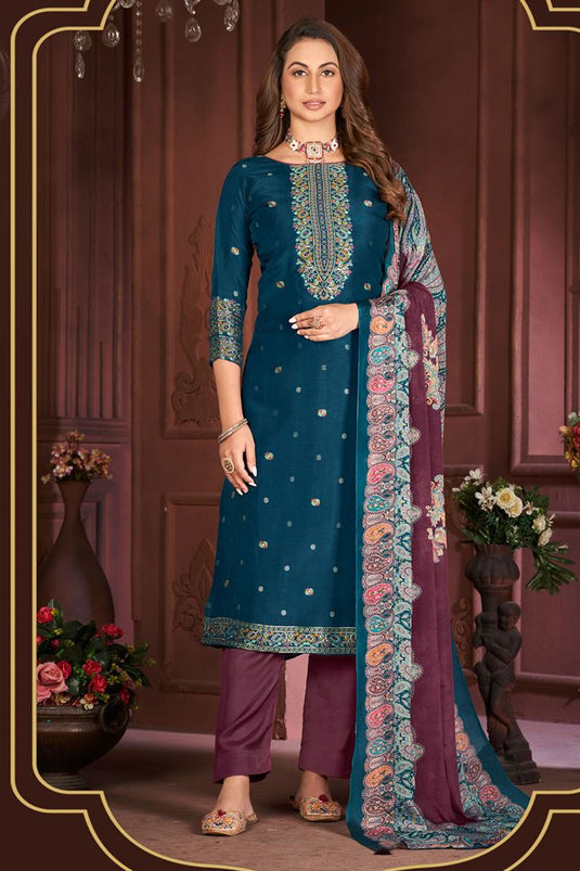 Radiant Blue Color Jacquard Fabric Festive Salwar Suit