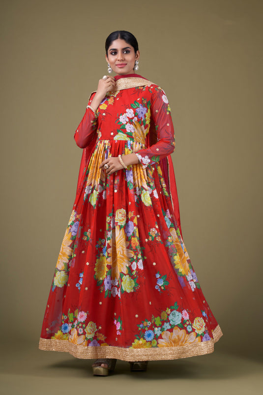 Digital Printed Red Color Inventive Anarkali Suit In Georgette Fabric