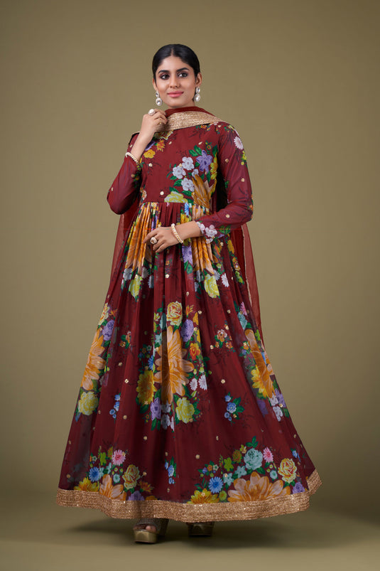 Georgette Fabric Maroon Color Digital Printed Elegant Anarkali Suit