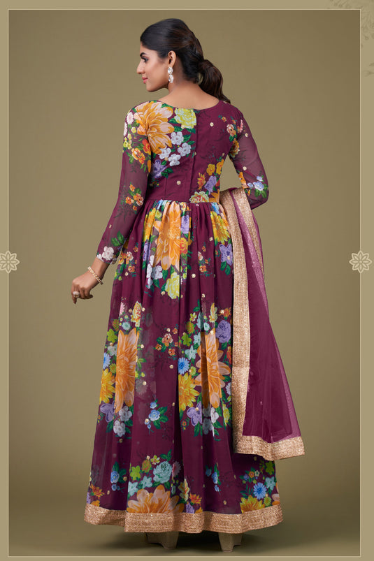Wine Color Georgette Fabric Digital Printed Classic Anarkali Suit