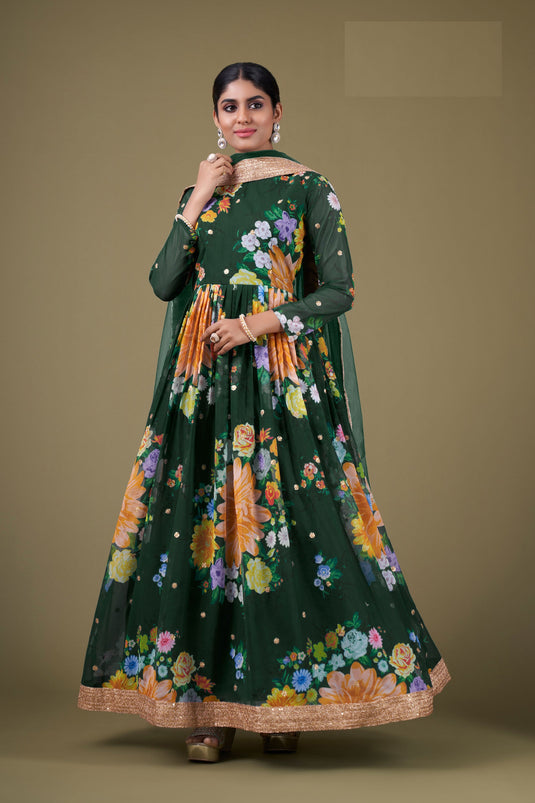 Green Color Georgette Fabric Digital Printed Vintage Anarkali Suit