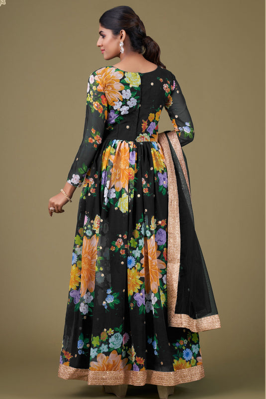 Digital Printed Black Color Fabulous Anarkali Suit In Georgette Fabric