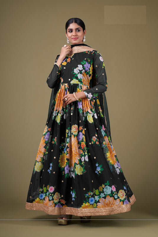 Digital Printed Black Color Fabulous Anarkali Suit In Georgette Fabric