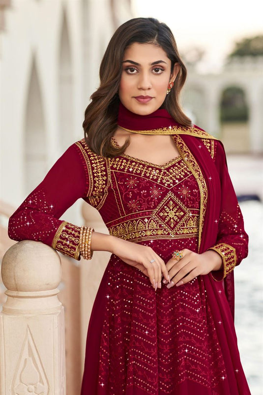 Buy Maroon Printed Chanderi Anarkali Dress And Dupatta Set Online - Shop  for W