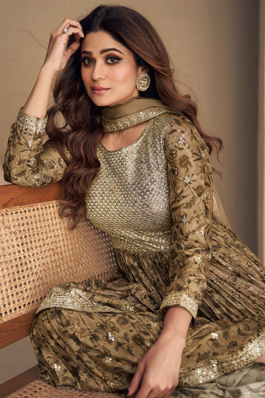 Shamita Shetty Charming Brown Color Chinon Fabric Sharara Suit