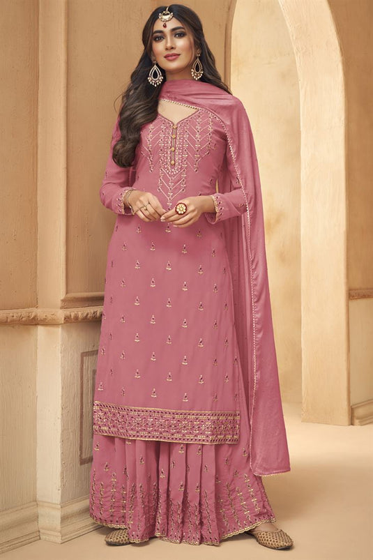 Embroidered Work On Captivating Georgette Palazzo Suit In Pink Color