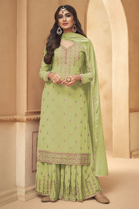 Embroidered Work On Awesome Georgette Palazzo Suit In Green Color