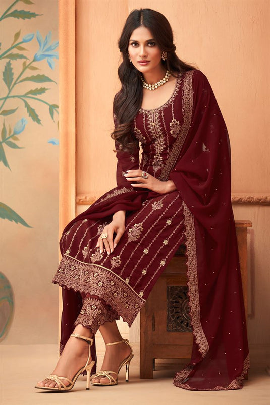 Traditional Look Georgette Maroon Color Elegant Salwar Suit