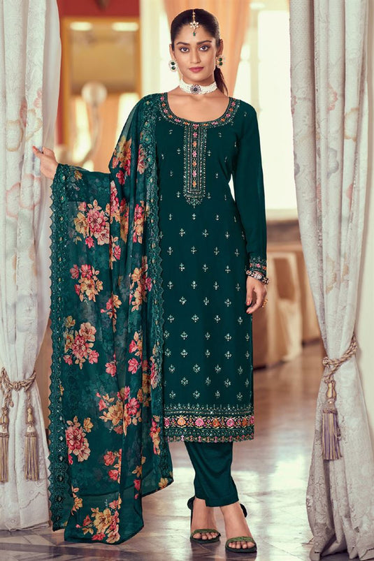 Function Wear Teal Georgette Salwar Suit with Intricate Embroidered Work