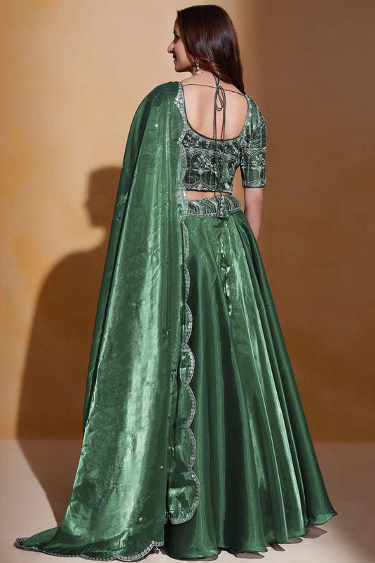 Green Color Wedding Lehenga Choli In Organza Silk Fabric