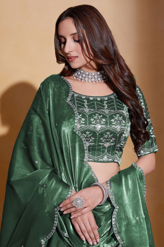 Green Color Wedding Lehenga Choli In Organza Silk Fabric