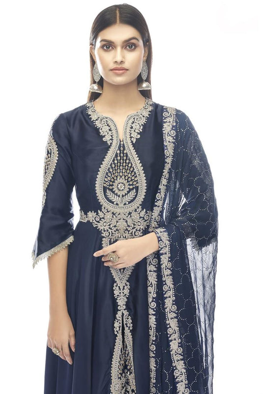 Navy Blue Color Function Wear Delicate Anarkali Suit In Satin Fabric