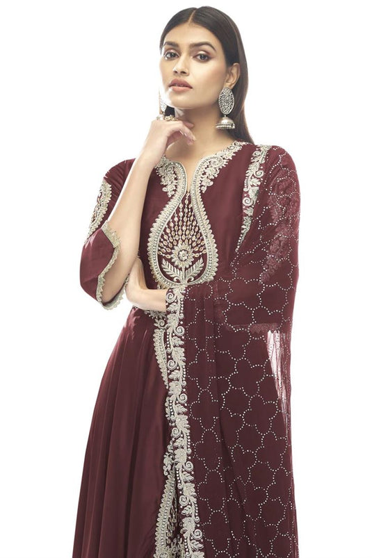 Function Wear Satin Fabric Maroon Color Stylish Anarkali Suit