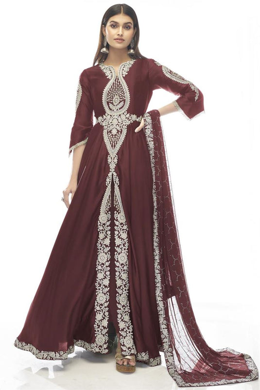 Function Wear Satin Fabric Maroon Color Stylish Anarkali Suit