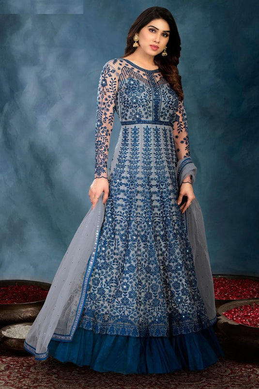 Party Wear Blue Color Resham Embroidered Work Anarkali Suit In Net Fabric