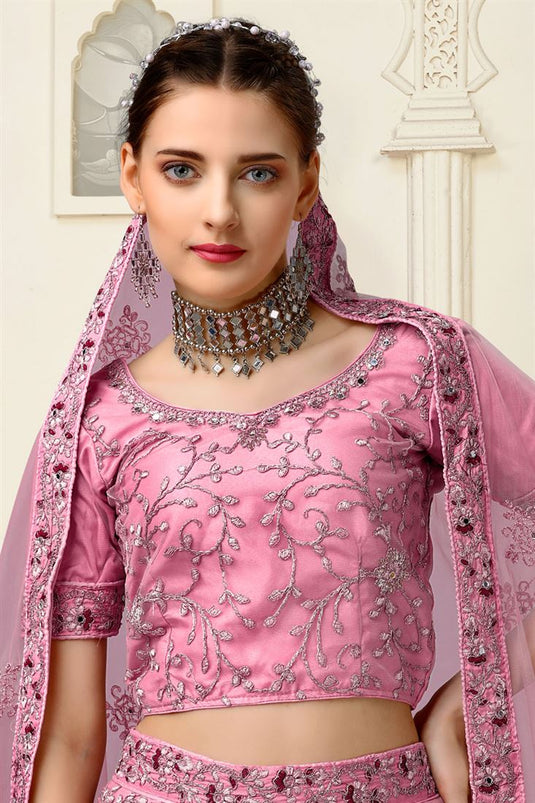 Net Fabric Pink Color Beatific Look Embroidered Lehenga
