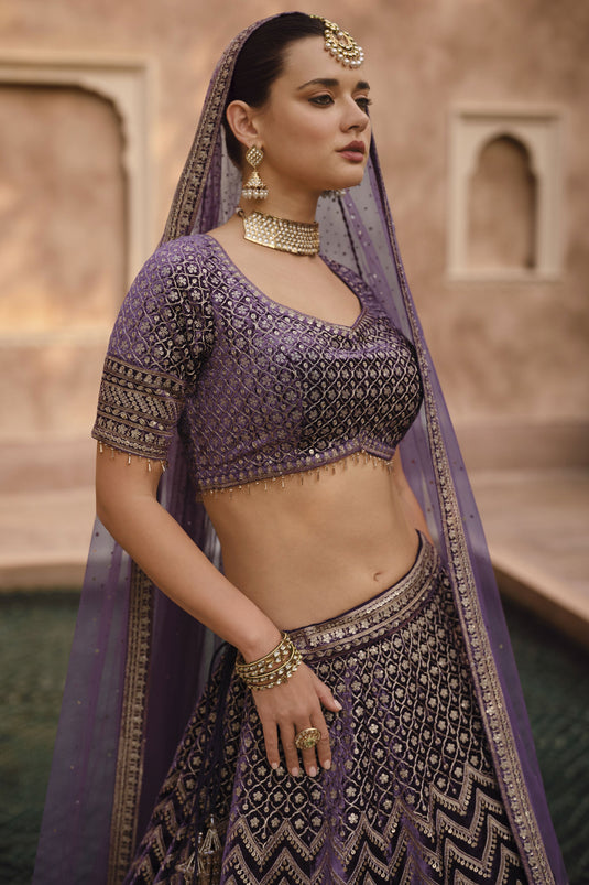 Embroidered Purple Color Bridal Readymade Lehenga In Lycra Fabric With Designer Choli