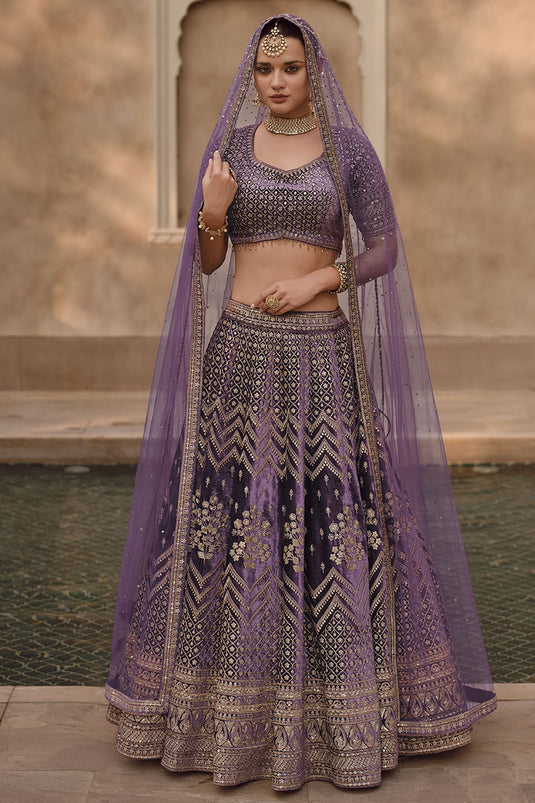Embroidered Purple Color Bridal Readymade Lehenga In Lycra Fabric With Designer Choli