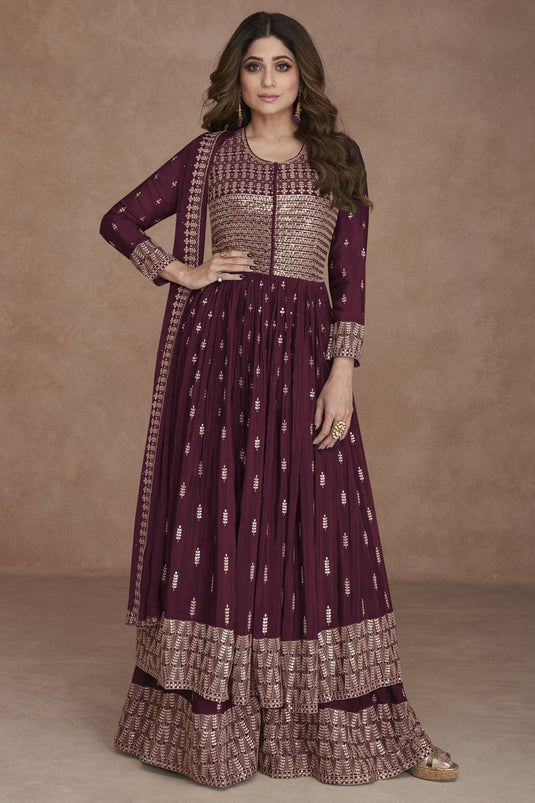 Shamita Shetty Featuring Wine Color Wedding Wear Embroidered Anarkali Salwar Suit In Georgette Fabric