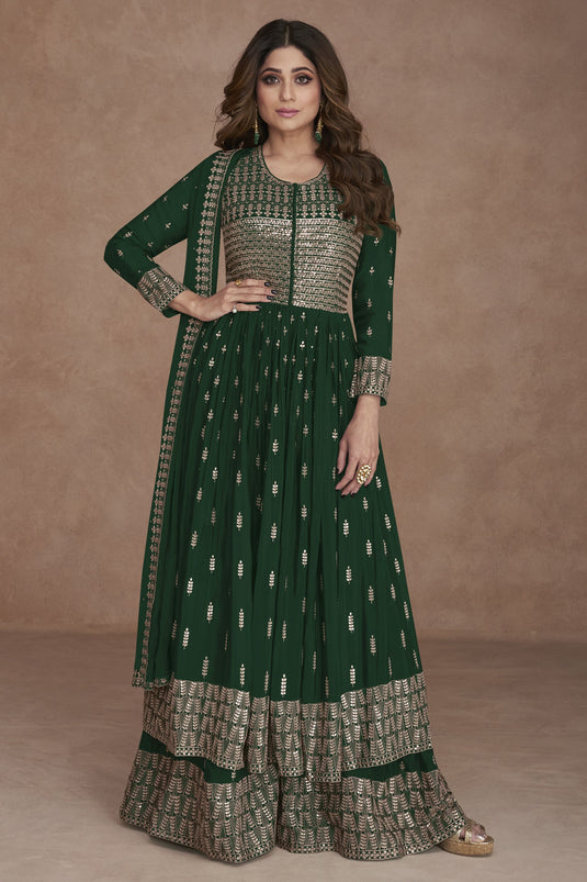 Shamita Shetty Featuring Georgette Fabric Embroidered Function Wear Anarkali Salwar Suit In Dark Green Color