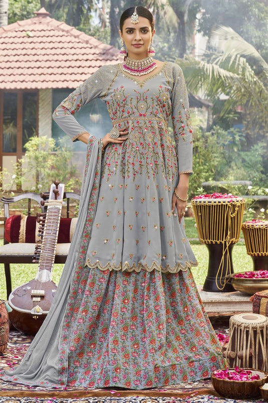 Grey Color Georgette Coveted Readymade Sharara Top Lehenga