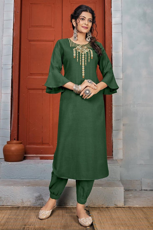 Green Color Party Wear Embroidery Work Long Kurti With Pant In Rayon Fabric