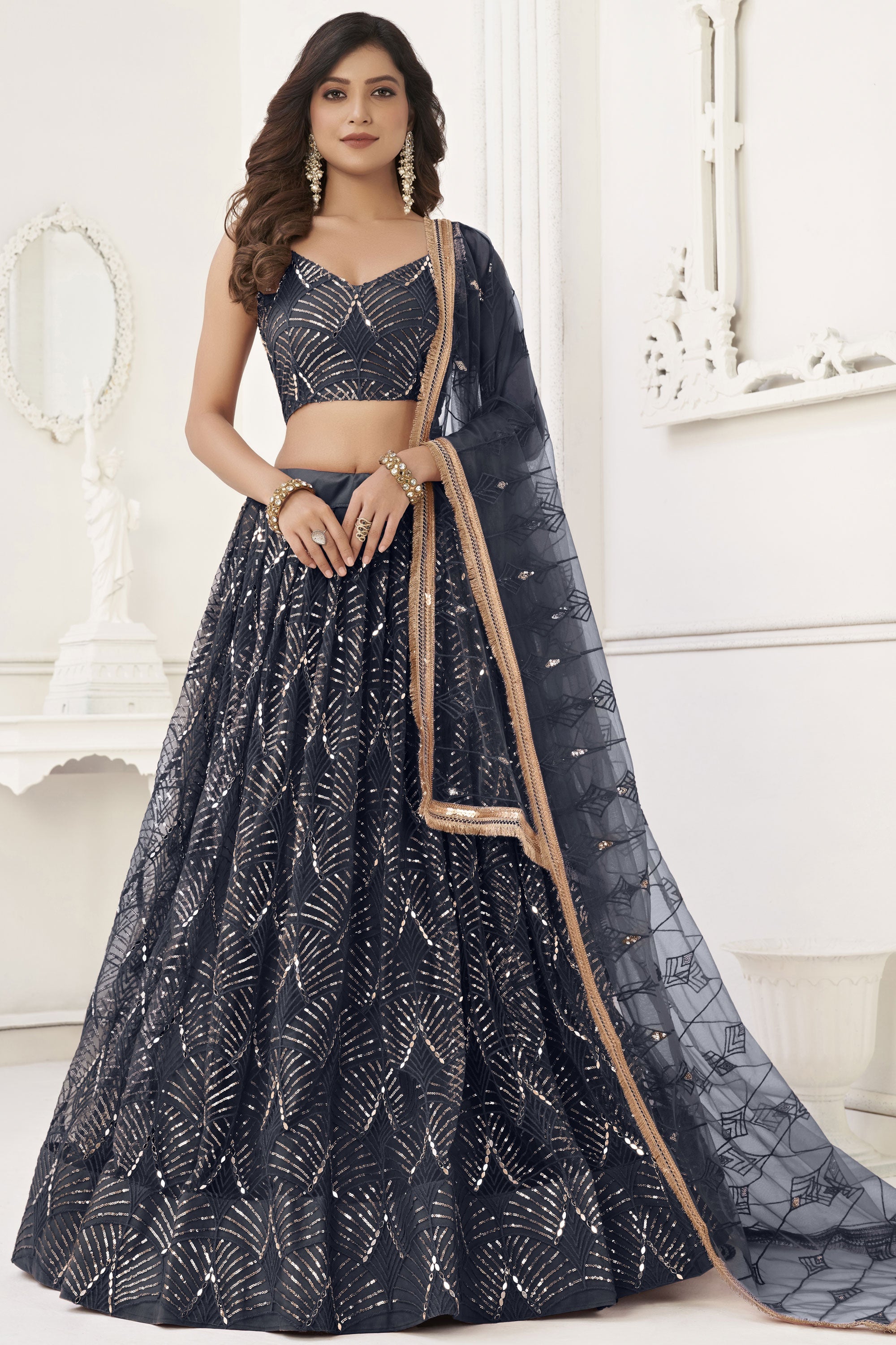 Navy Blue Classic Lehenga Set with Patterned Zari Embroidery and Shimmery  Embellishments - Seasons India