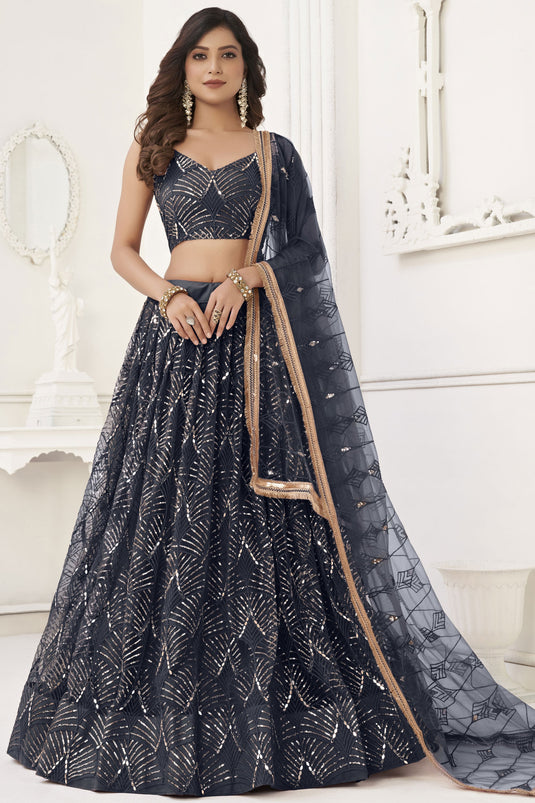 Ingenious Sangeet Wear Navy Blue Color Net Fabric Lehenga Choli