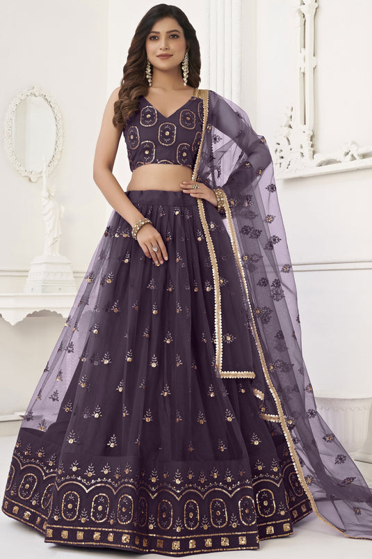 Wine Color Net Fabric Traditional Lehenga With Sequins Embroidered Work