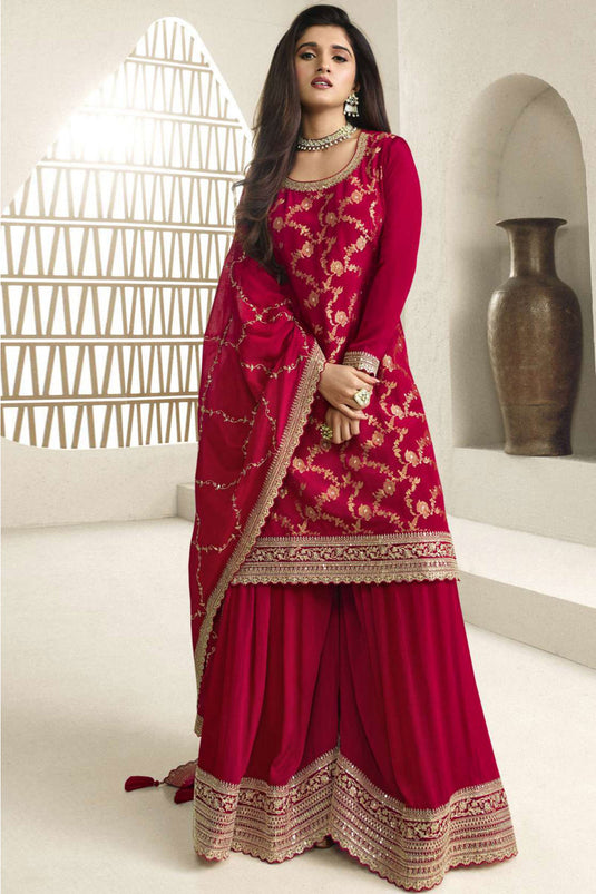 Nidhi Shah Festive Wear Embroidered Chinon Jacquard Fabric Palazzo Suit In Red Color