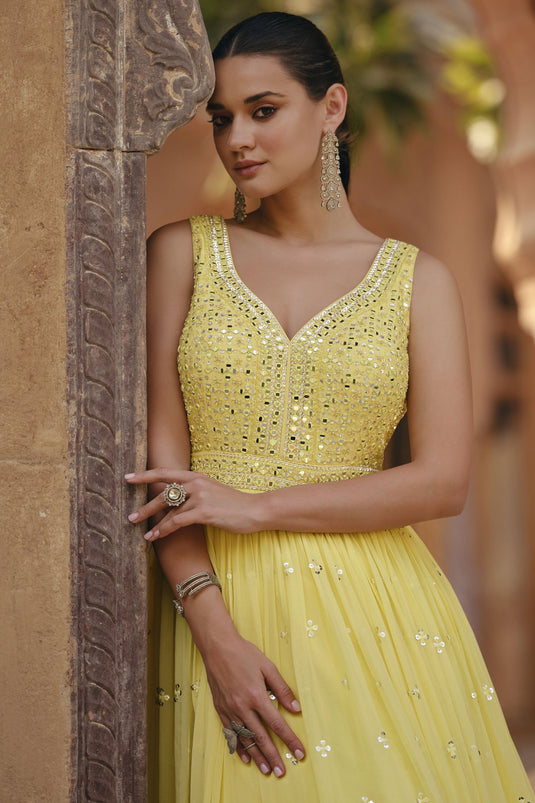 Georgette Fabric Yellow Color Embroidered Readymade Anarkali Style Long Gown