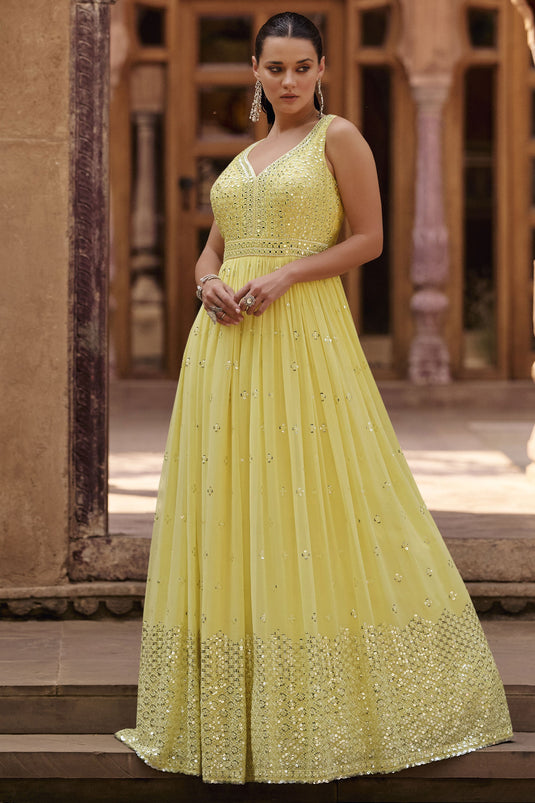 Georgette Fabric Yellow Color Embroidered Readymade Anarkali Style Long Gown