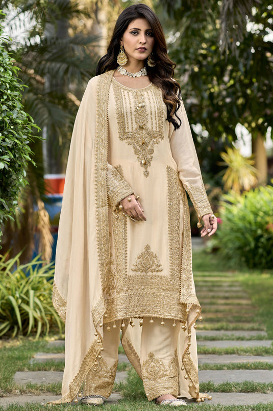Beige Color Chinon Fabric Embroidered Festive Wear Readymade Designer Salwar Suit