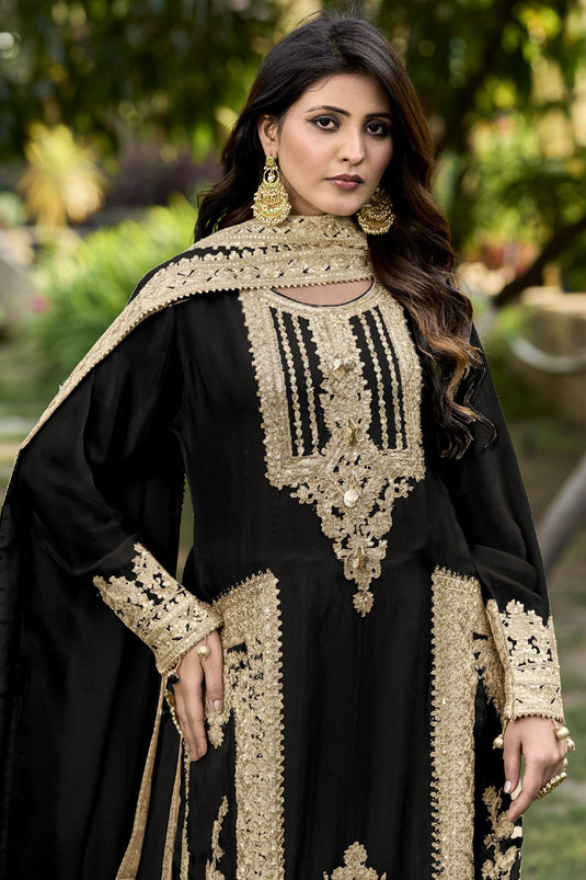 Black Color Festive Wear Embroidered Readymade Designer Salwar Suit In Chinon Fabric