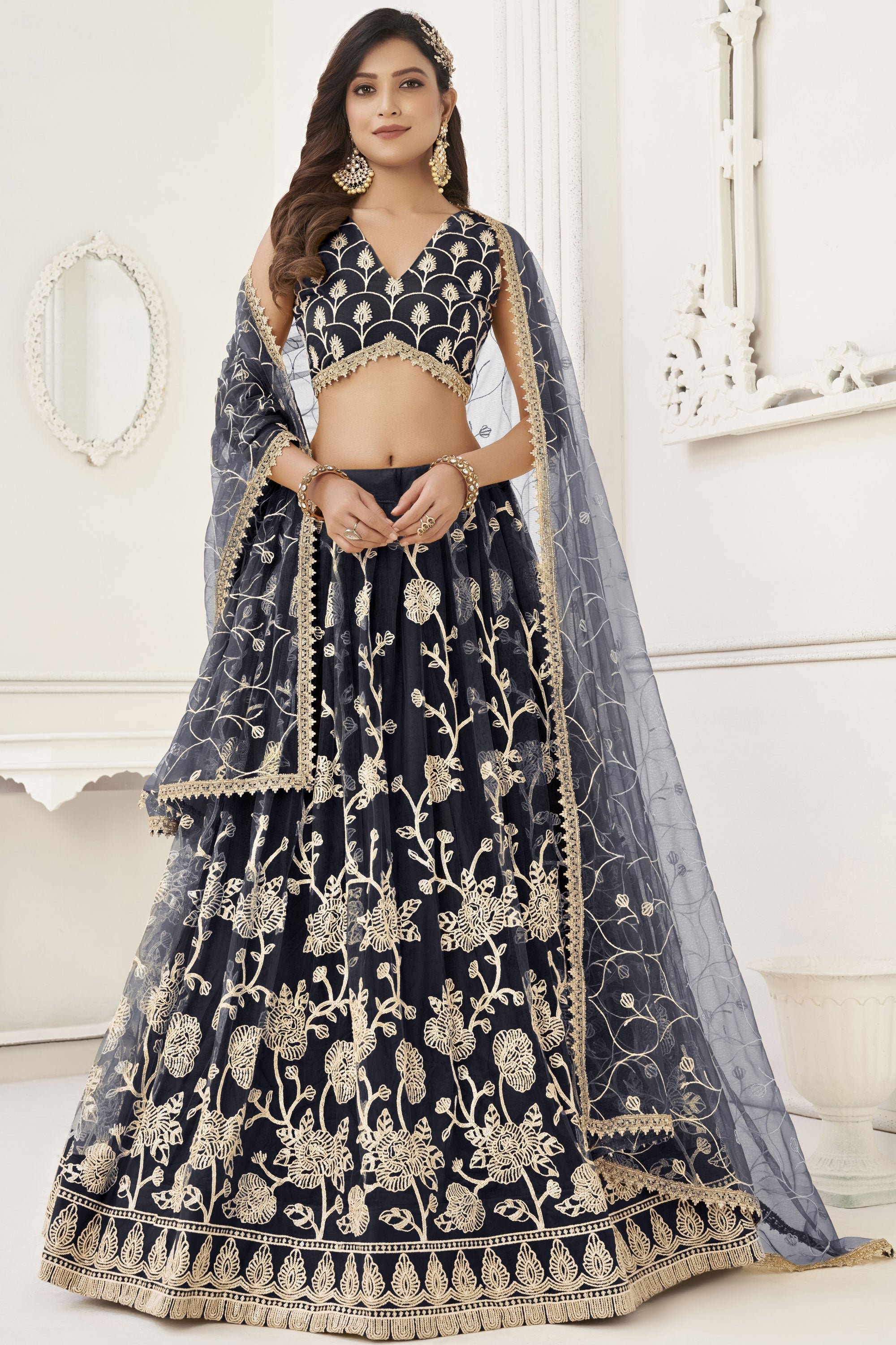 Nityanta Fab Black & Silver-Toned Printed Semi-Stitched Lehenga & Blouse  With Dupatta Price in India, Full Specifications & Offers | DTashion.com
