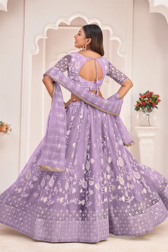 Net Fabric Fabulous Lavender Color Embroidered Lehenga