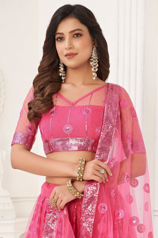 Embroidered Pink Designer 3 Piece Lehenga Choli In Net Fabric