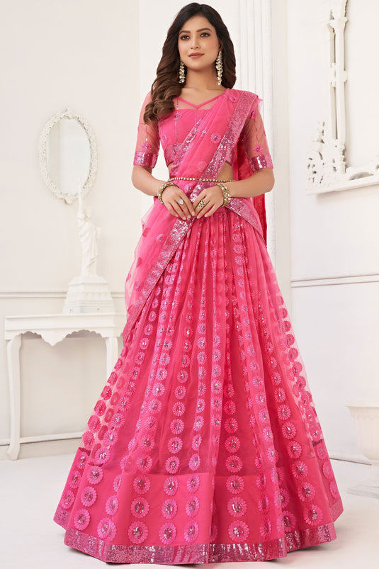 Embroidered Pink Designer 3 Piece Lehenga Choli In Net Fabric