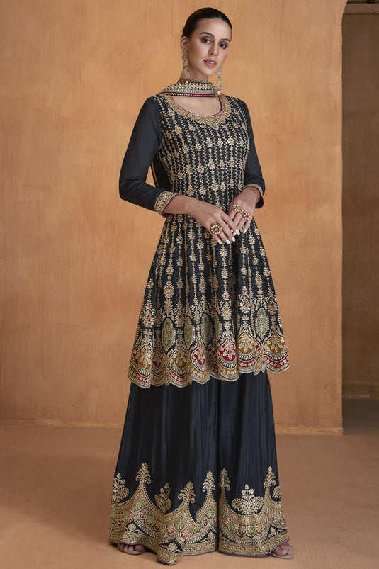 Black Color Function Wear Embroidered Designer Readymade Sharara Style Suit In Chinon Fabric