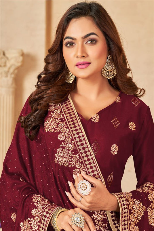 Vichitra Fabric Maroon Color Excellent Function Wear Salwar Suit