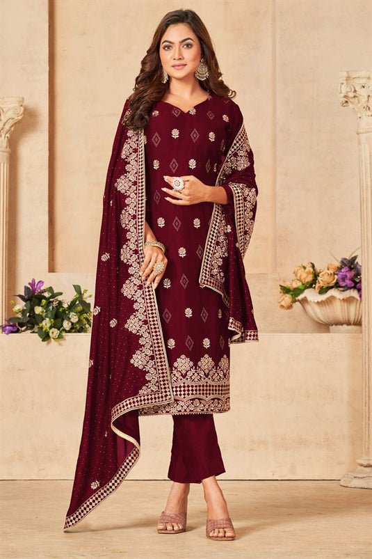 Vichitra Fabric Maroon Color Excellent Function Wear Salwar Suit