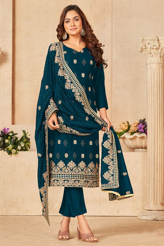 Glamorous Vichitra Fabric Teal Color Function Wear Salwar Suit