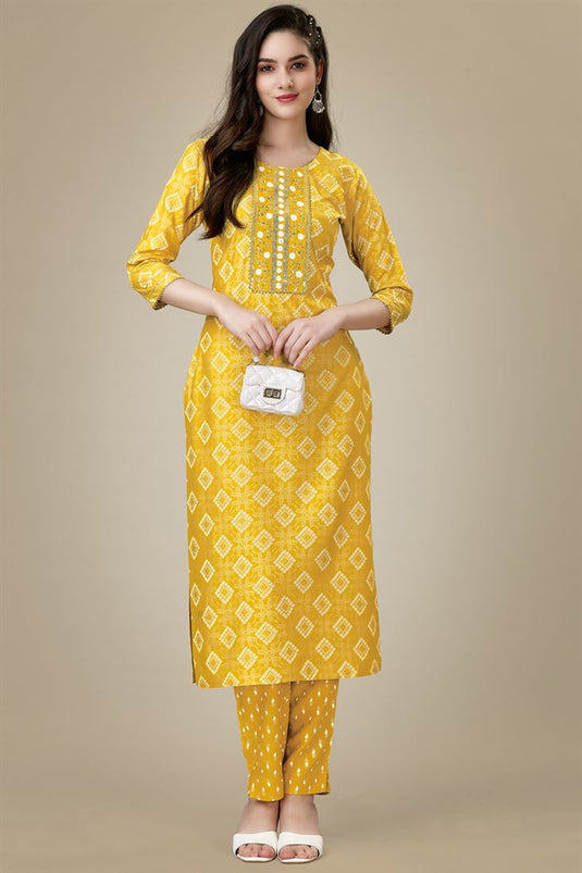 Yellow Color Lovely Rayon Fabric Kurti With Pant