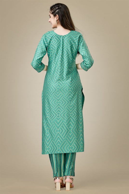 Sea Green Color Rayon Rayon Fabric Kurti With Pant