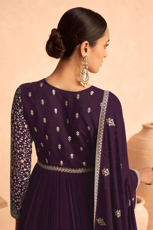 Stunning Georgette Fabric Purple Color Sangeet Wear Anarkali Suit