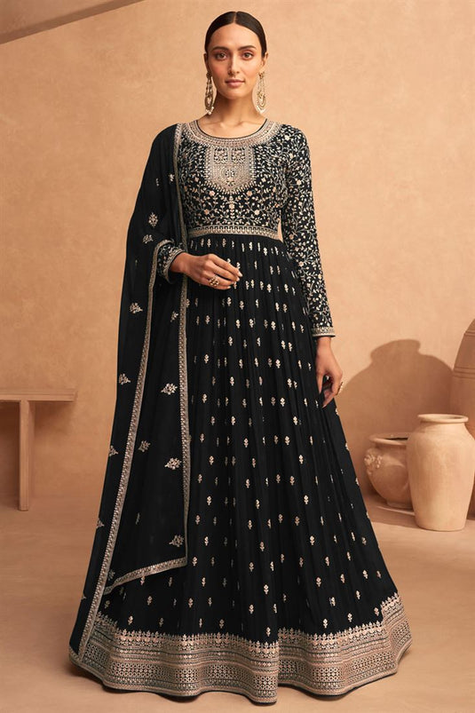 Black Color Splendid Sangeet Wear Anarkali Suit In Georgette Fabric